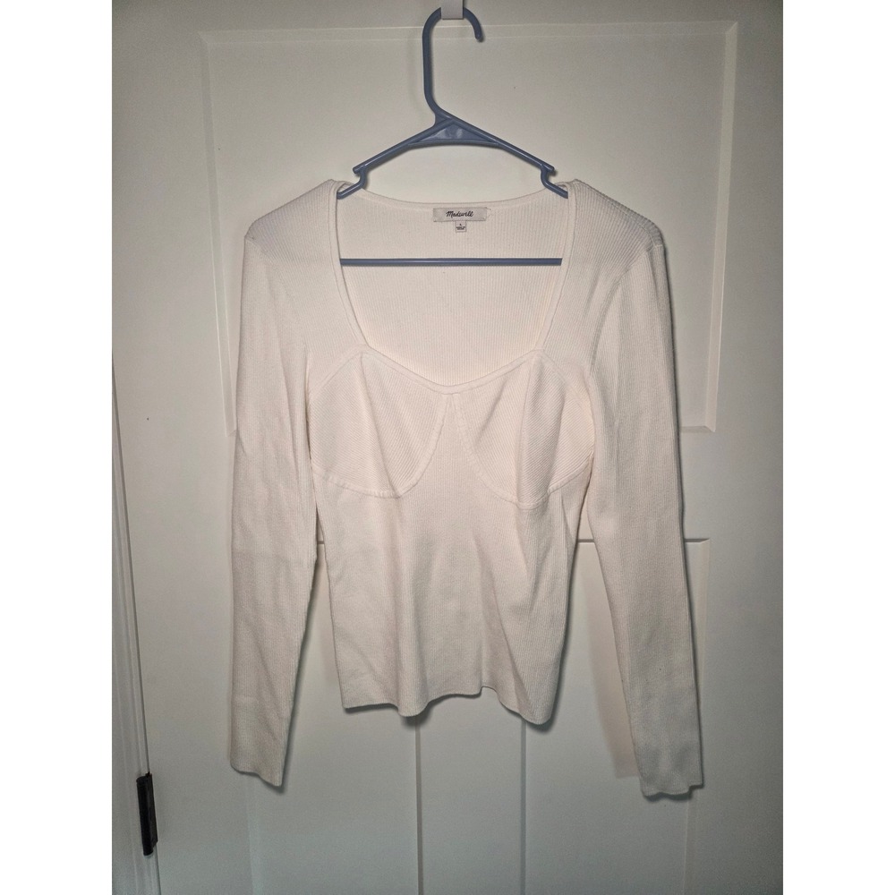 Madewell White Ribbed Bustier Long Sleeve Tee Sweetheart Neck Top Large